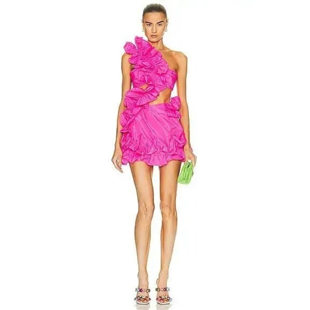 AKNVAS Ruby Ruffle One Shoulder Mini‎ Dress in Bubblegum NWT Size 2 Statement